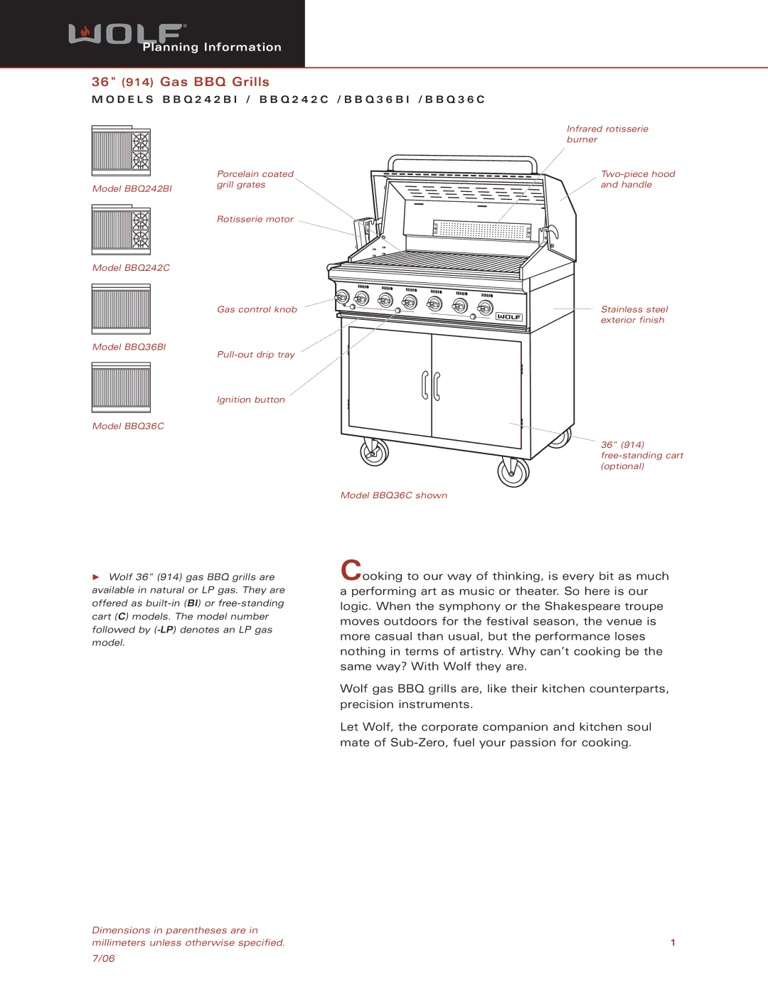 Sub-Zero BBQ242BI, Model BBQ36C, BBQ36BI, Model BBQ242C dimensions 36 914 Gas BBQ Grills 