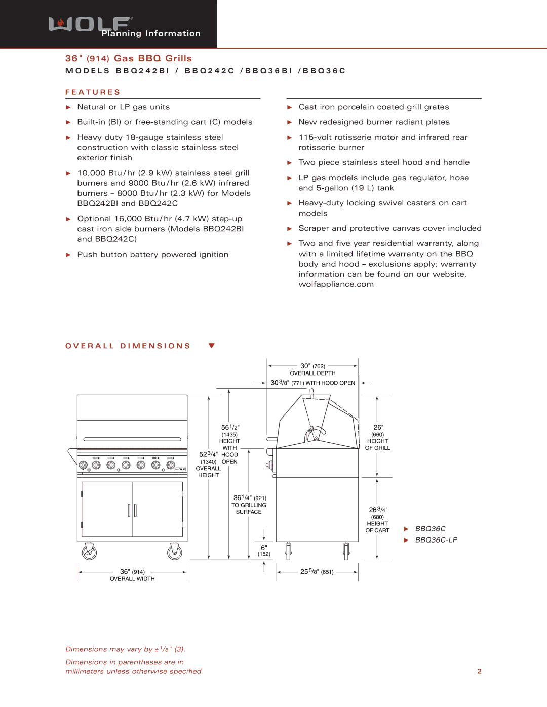 Sub-Zero BBQ36BI, Model BBQ36C, BBQ242BI, Model BBQ242C dimensions A T U R E S, E R a L L D I M E N S I O N S, BBQ36C-LP 