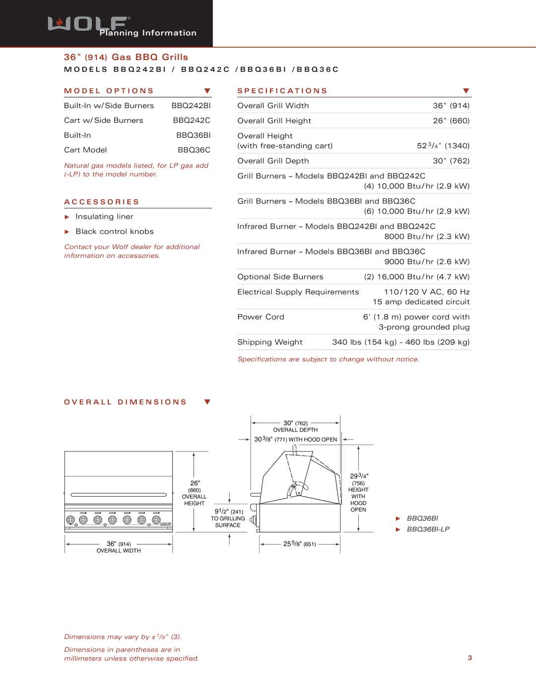 Sub-Zero Model BBQ242C, Model BBQ36C, BBQ242BI dimensions C E S S O R I E S, BBQ36BI BBQ36BI-LP 