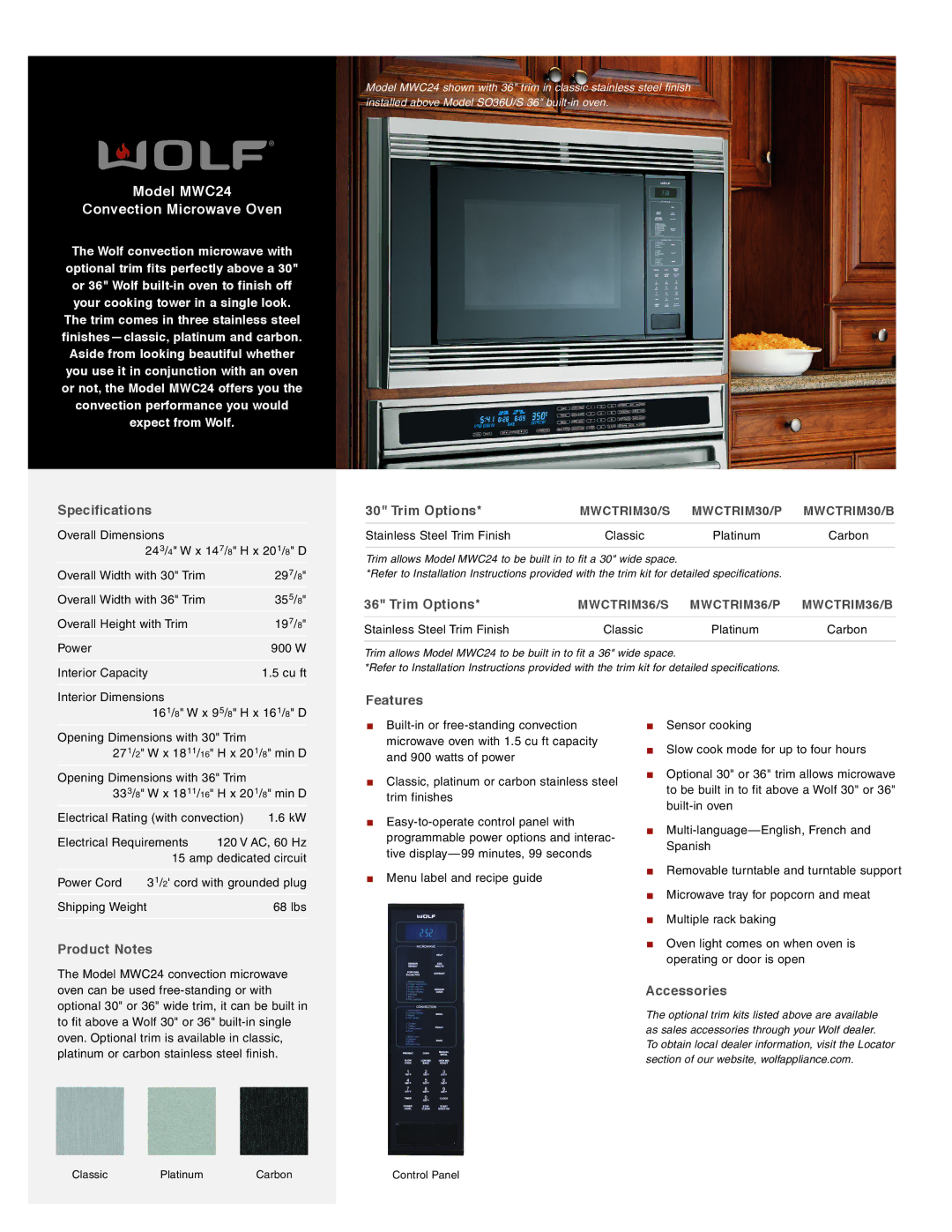 Sub-Zero specifications Model MWC24 Convection Microwave Oven, MWCTRIM30/S MWCTRIM30/P MWCTRIM30/B 