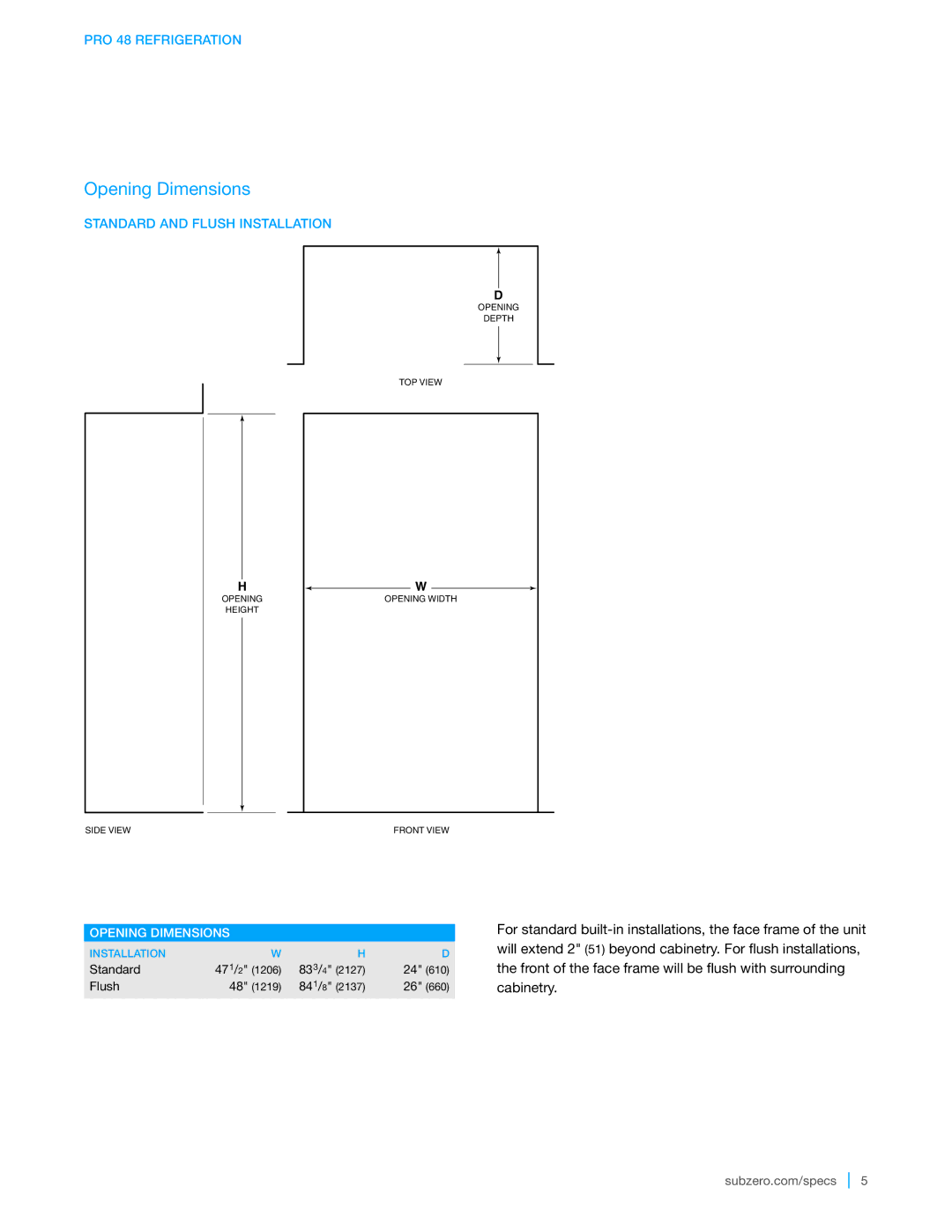 Sub-Zero 648PROG, PRO 48 manual Opening Dimensions 