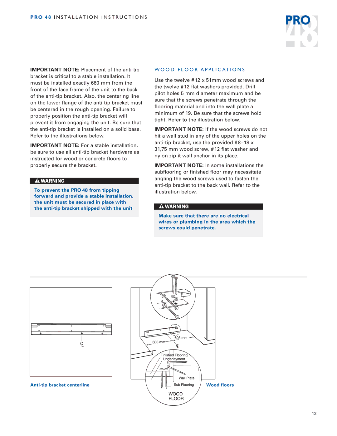 Sub-Zero PRO 48 installation instructions O D F L O O R a P P L I C a T I O N S 