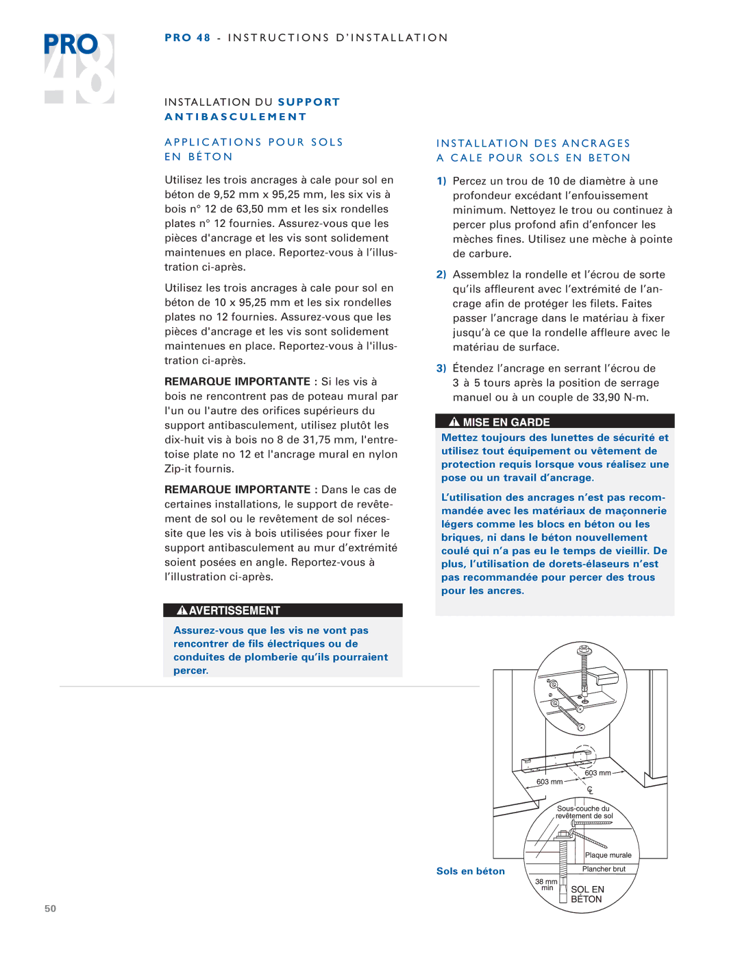 Sub-Zero PRO 48 installation instructions S Ta L L At I O N D U S U P P O R T, Remarque Importante Si les vis à 