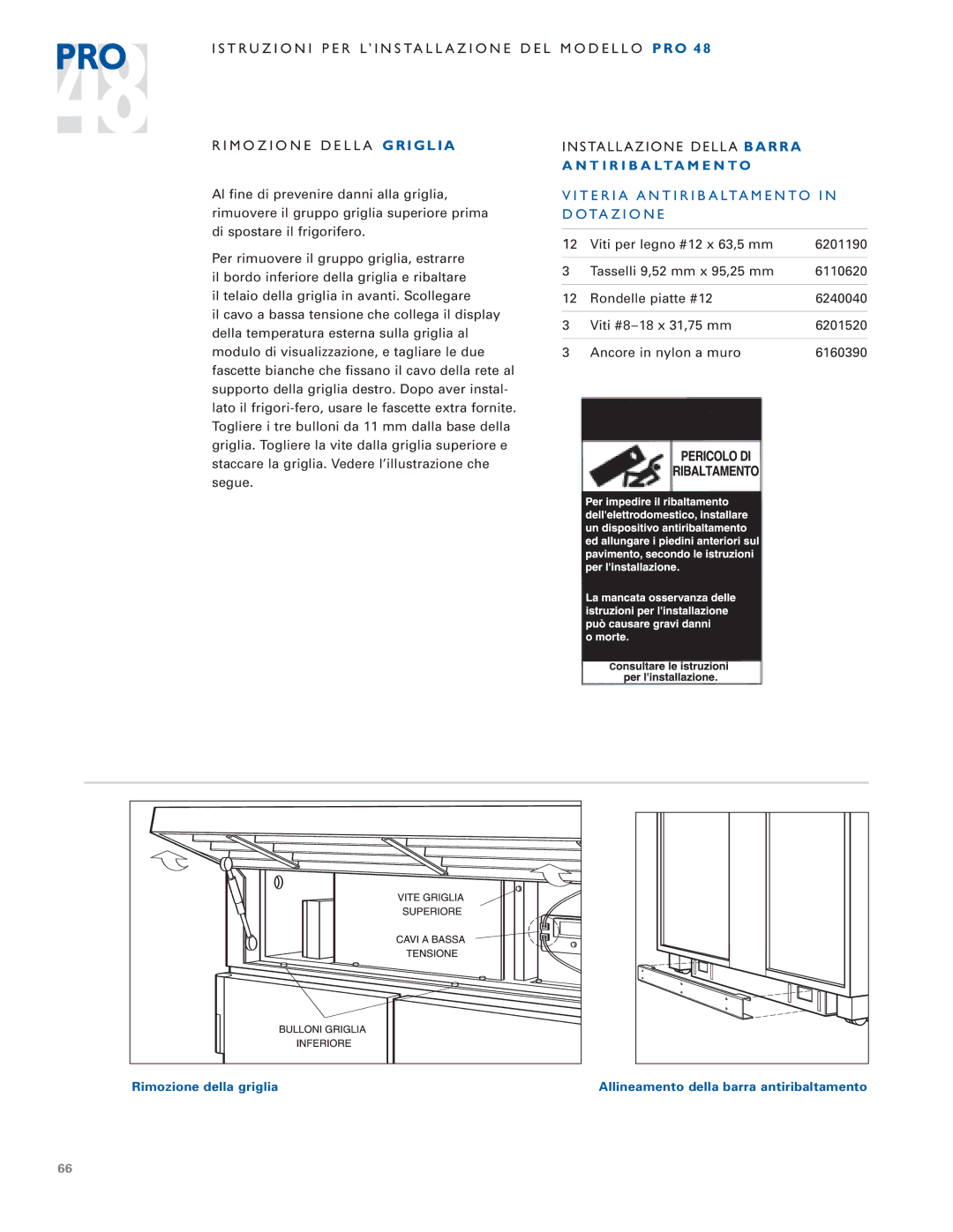 Sub-Zero PRO 48 installation instructions M O Z I O N E D E L L a G R I G L I a, S TA L L a Z I O N E D E L L a B a R R a 