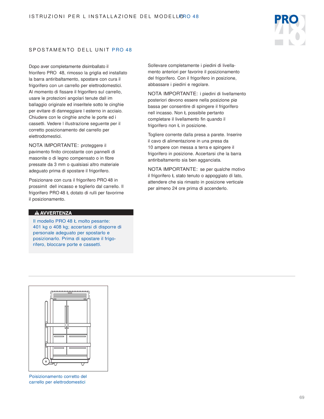 Sub-Zero PRO 48 installation instructions Poisizionamento corretto del carrello per elettrodomestici 