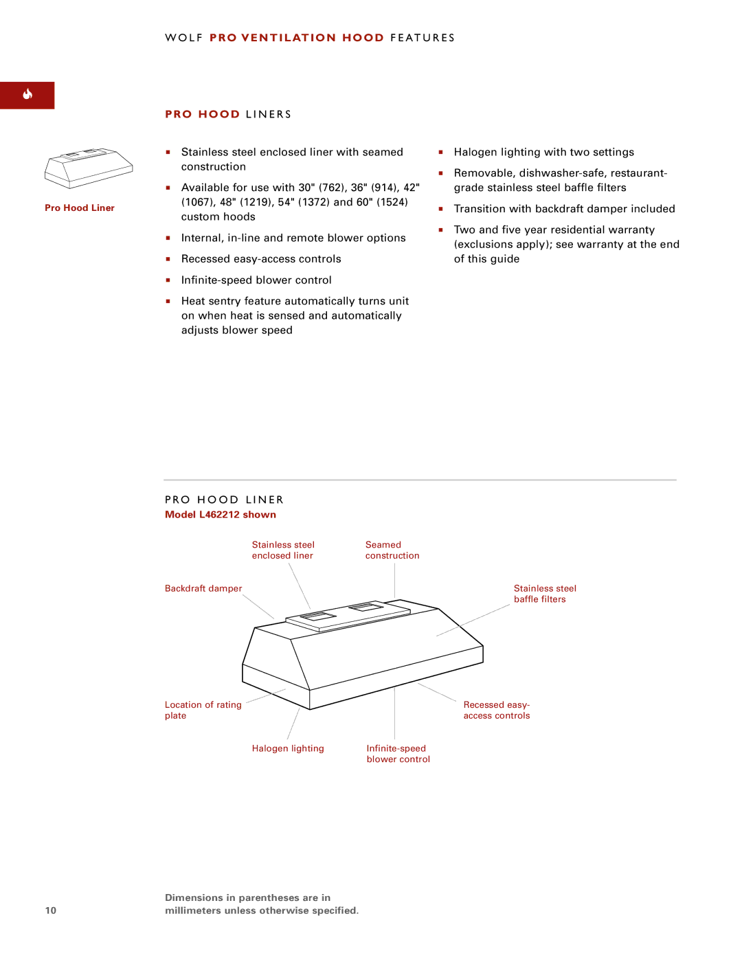 Sub-Zero PRO VENTILATION HOODS manual Ro H O O D L I N E R, Model L462212 shown 