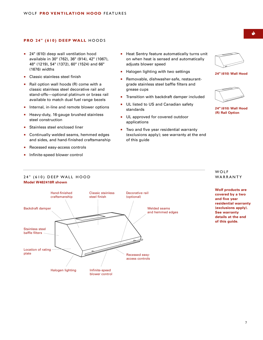 Sub-Zero PRO VENTILATION HOODS manual L F R R a N T Y, Model W482418R shown 