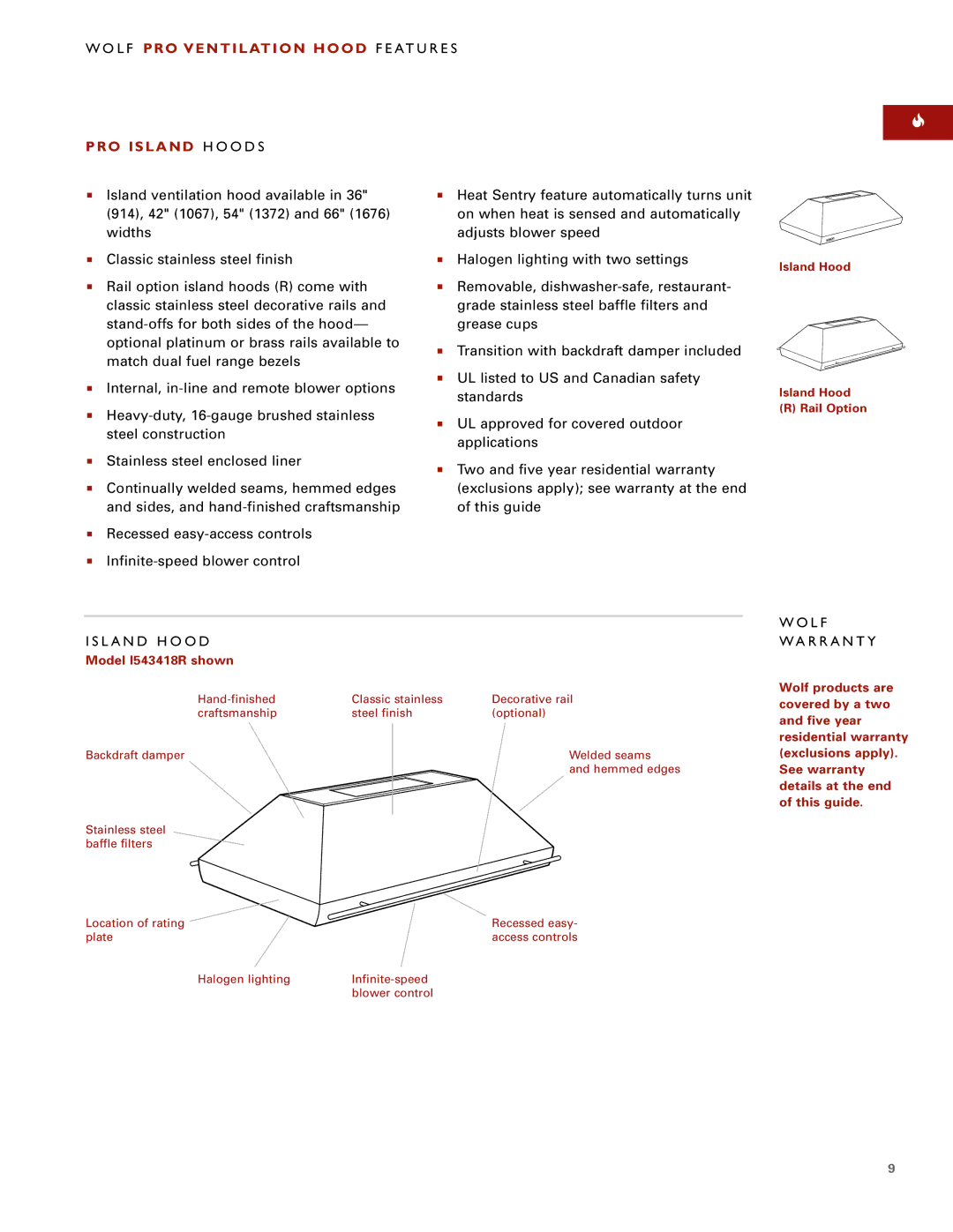 Sub-Zero PRO VENTILATION HOODS manual PRO Island H O O D S, L a N D H O O D, L F WA R R a N T Y, Model I543418R shown 