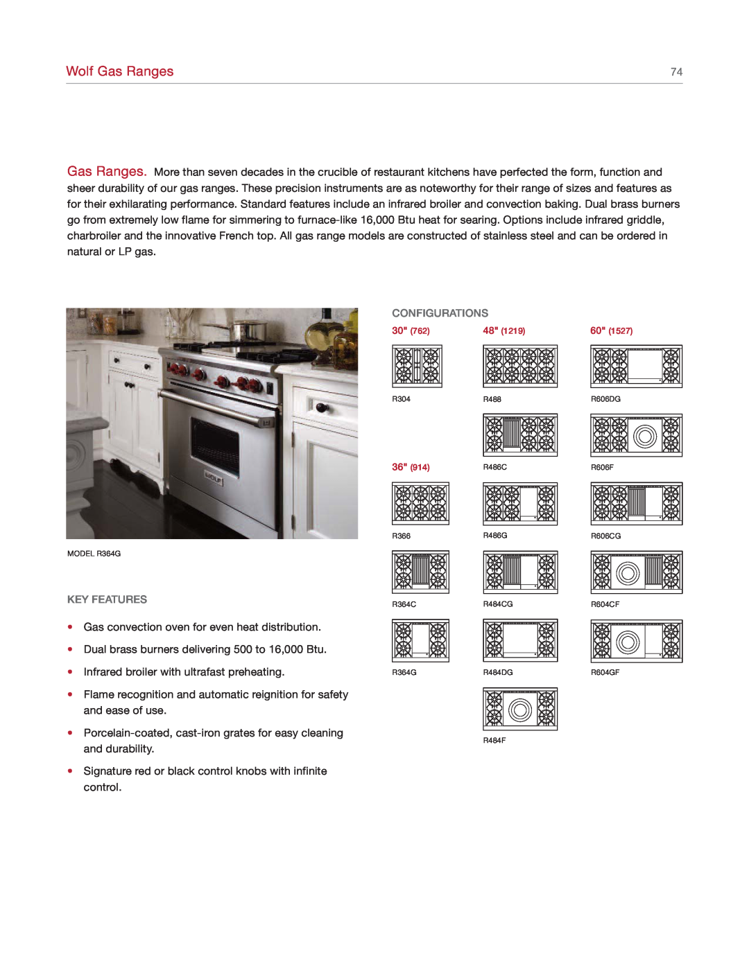Sub-Zero R364G manual Wolf Gas Ranges, Key Features, Configurations 