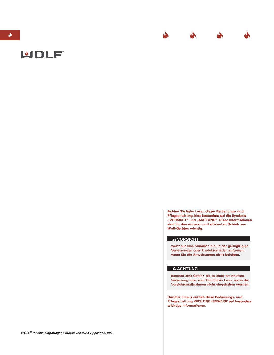 Sub-Zero Sealed Burner RangeTop manual Vorsicht, Achtung, WOLF ist eine eingetragene Marke von Wolf Appliance, Inc 