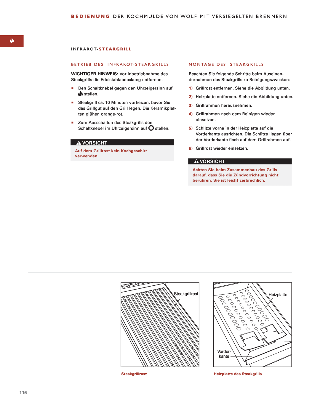 Sub-Zero Sealed Burner RangeTop Vorsicht, Infrarot- S T E A K G R I L L, Betrieb Des Infrarot- Steakgrills, Heizplatte 