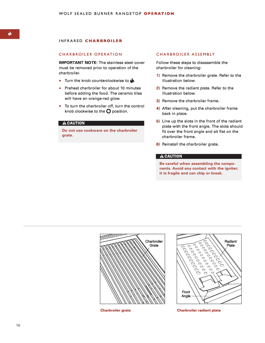 Sub-Zero Sealed Burner RangeTop manual Infrared C H A R B R O I L E R, Charbroiler Operation, Charbroiler Assembly, grate 