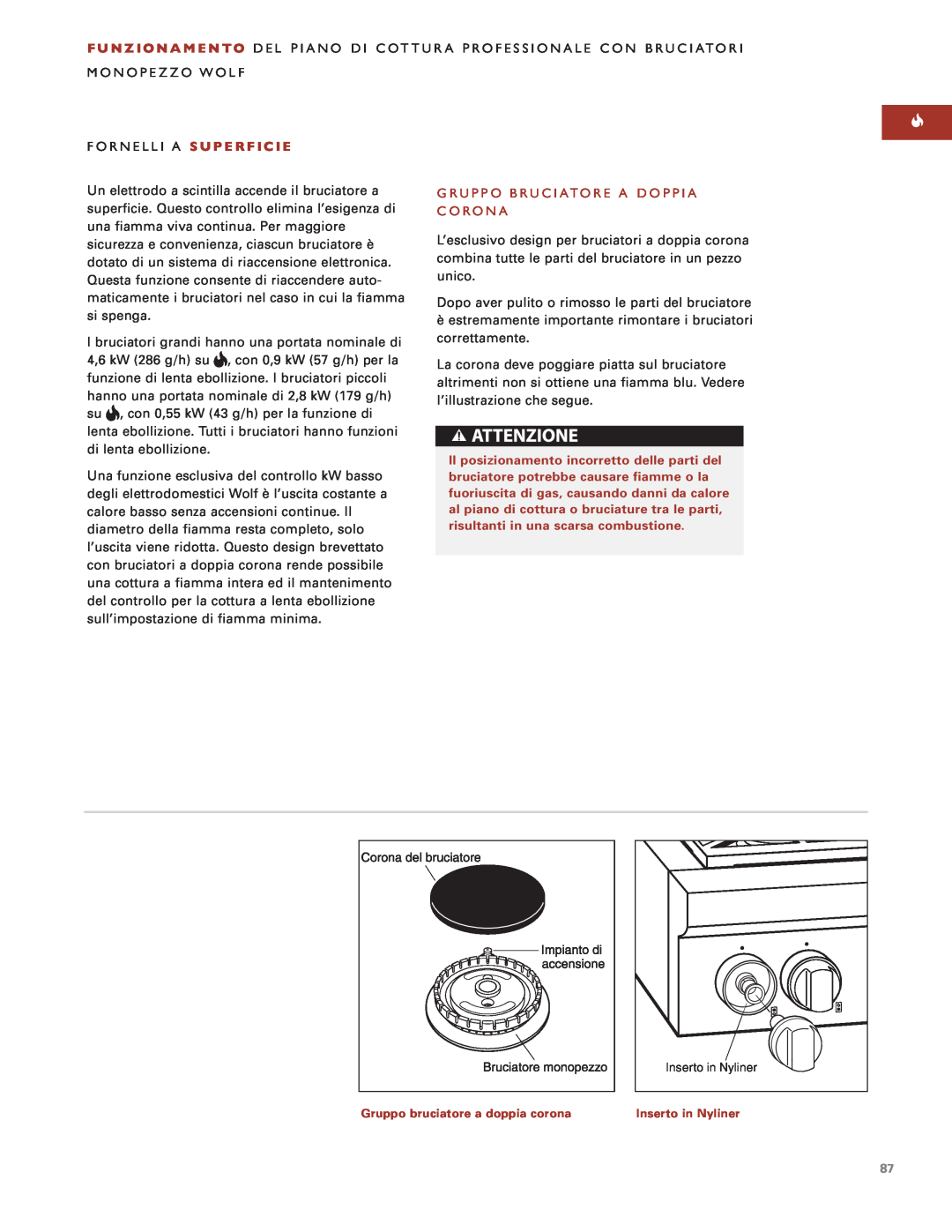 Sub-Zero Sealed Burner RangeTop manual Fornelli A S U P E R F I C I E, Gruppo Bruciatore A Doppia, Corona 