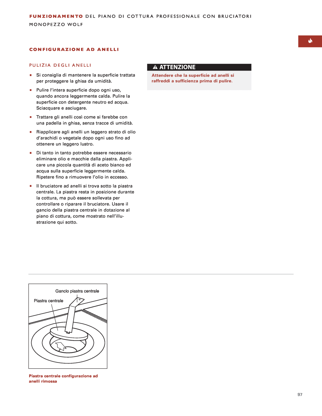 Sub-Zero Sealed Burner RangeTop manual C O N F I G U R A Z I O N E A D A N E L L, Pulizia Degli Anelli, Piastra centrale 