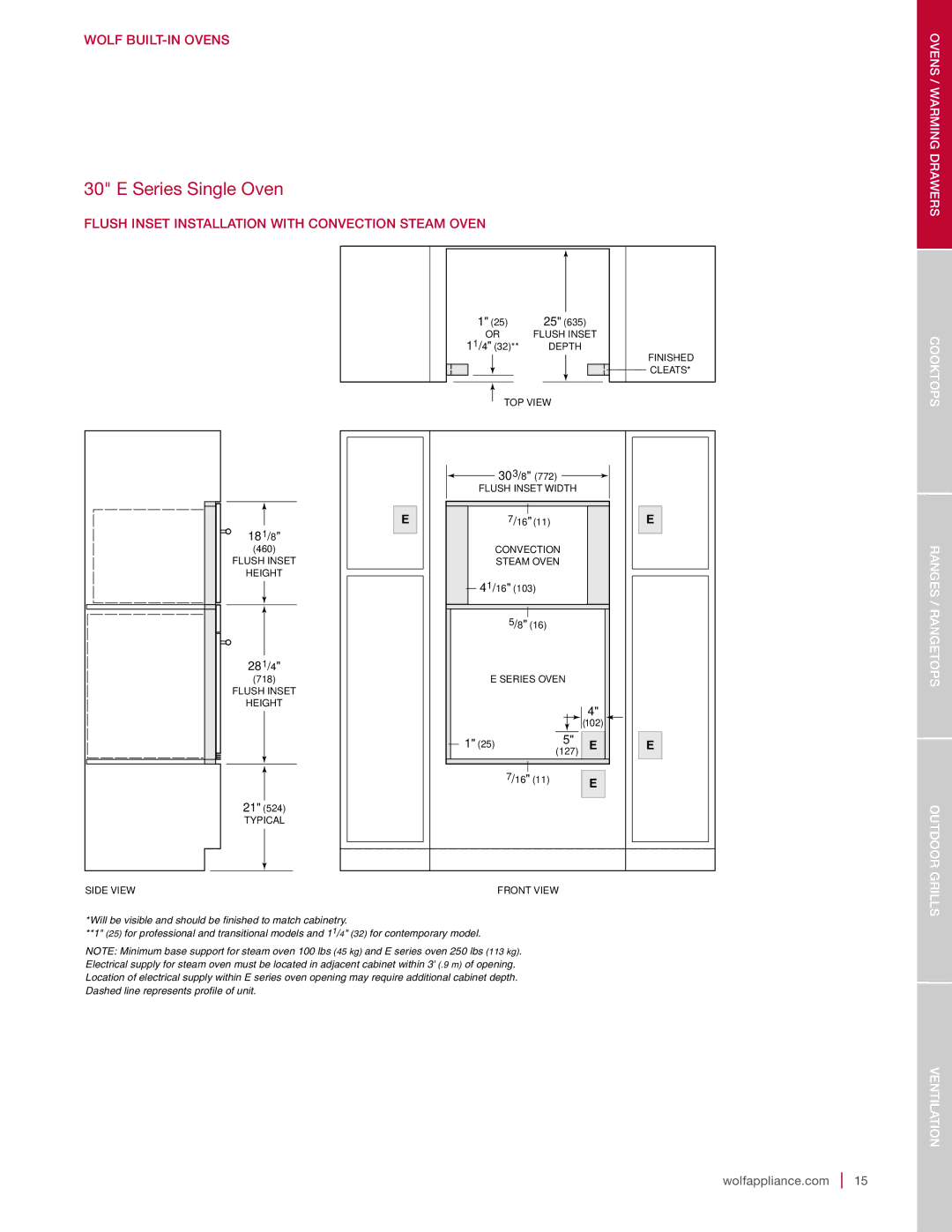 Sub-Zero SO30-2B/G-TH SO30CE/B/TH, SO30-2U/S-TH SO30TE/S/TH Flush Inset Installation with Convection Steam Oven, 28 1/4 