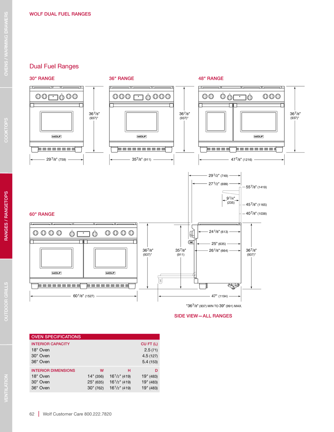 Sub-Zero DO30-2B/G-TH DO30CE/B/TH, SO30-2U/S-TH SO30TE/S/TH, DO30-2F/S-TH NA Side VIEW-ALL Ranges, Oven Specifications 