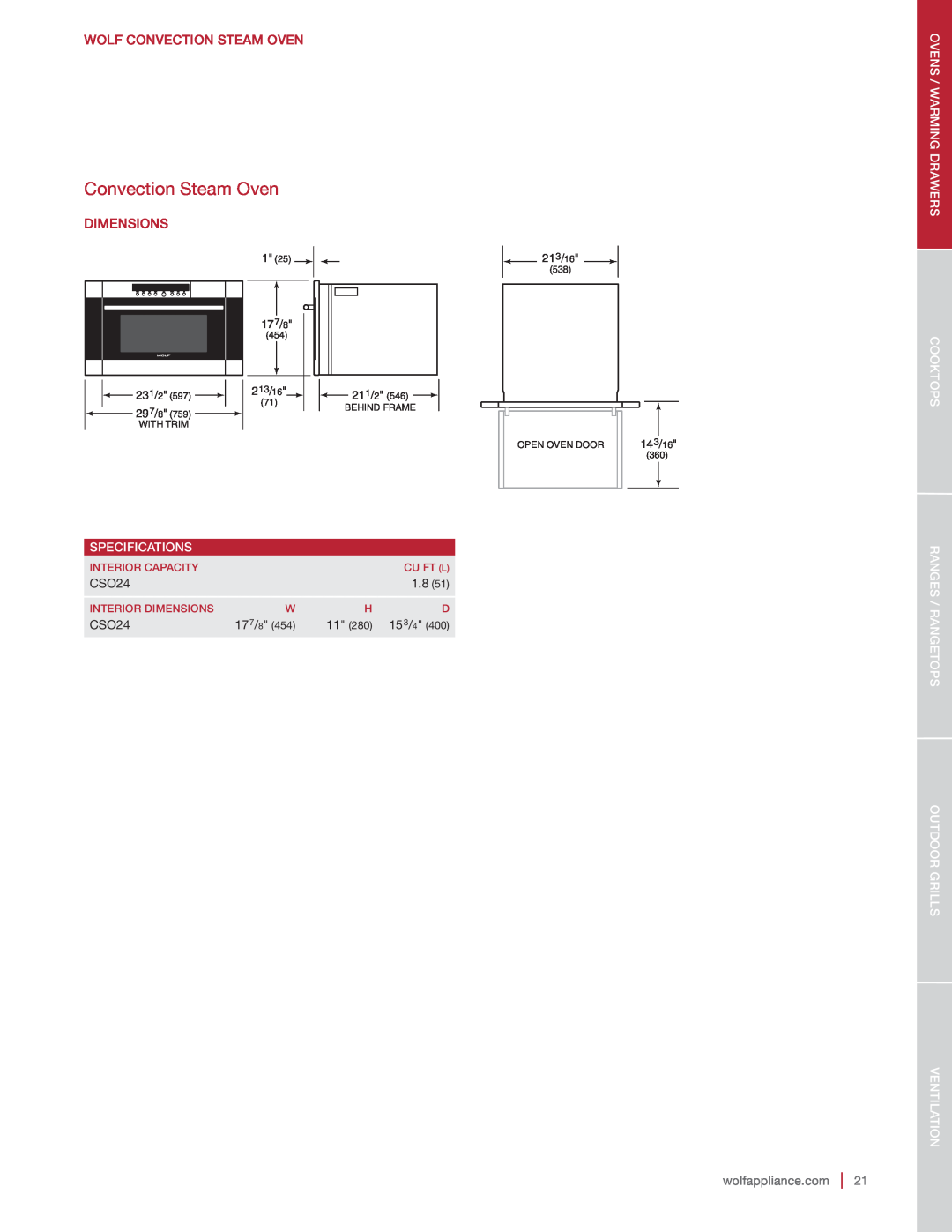 Sub-Zero DO30-2F/S-PH DO30PE/S/PH Wolf Convection Steam Oven, Dimensions, Ovens / Warming Drawers, Specifications 