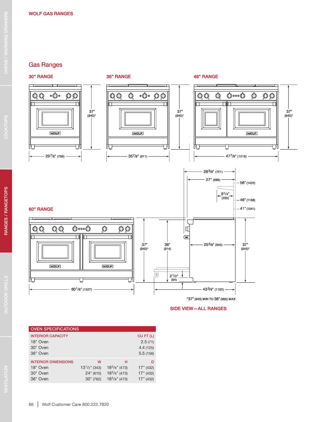Sub-Zero SO30-2F/S-TH NA Ovens / Warming Drawers Cooktops, Wolf Gas Ranges, Side View-All Ranges, Oven Specifications 