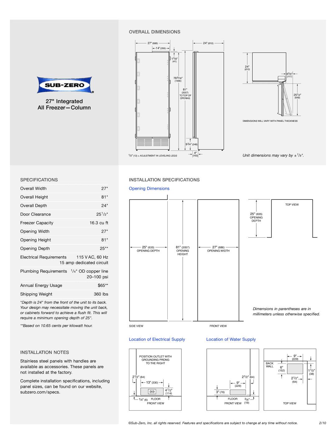 Sub-Zero IC-27R, SO30-2U/S, WWD30, IC-27FI manual Overall Dimensions, Installation Specifications, Installation Notes 