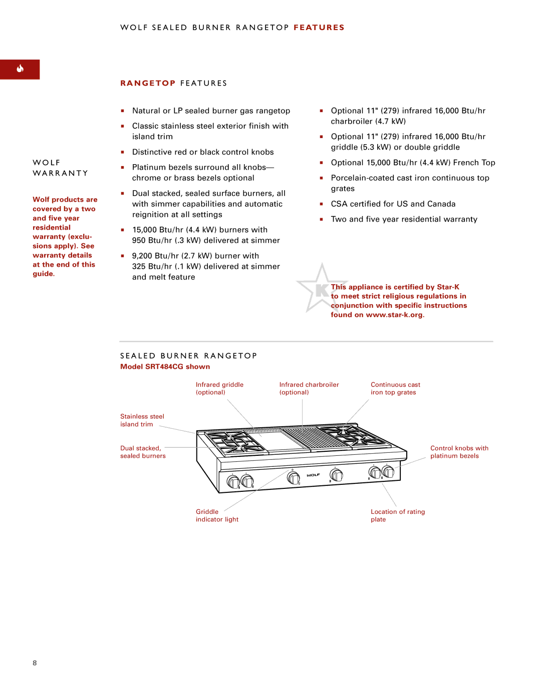 Sub-Zero SRT484CG manual Rangetop F E AT U R E S, A L E D B U R N E R R a N G E to P 