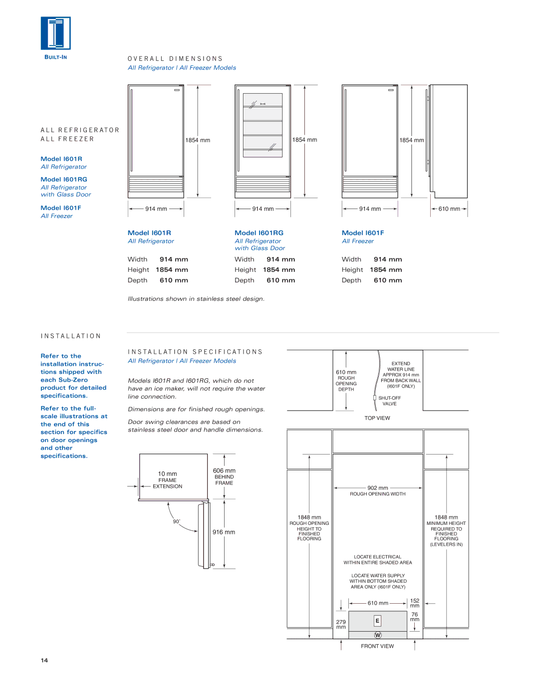 Sub-Zero Sub-Zero manual E R a L L D I M E N S I O N S, Installation, Width 914 mm Height 1854 mm Depth 610 mm 