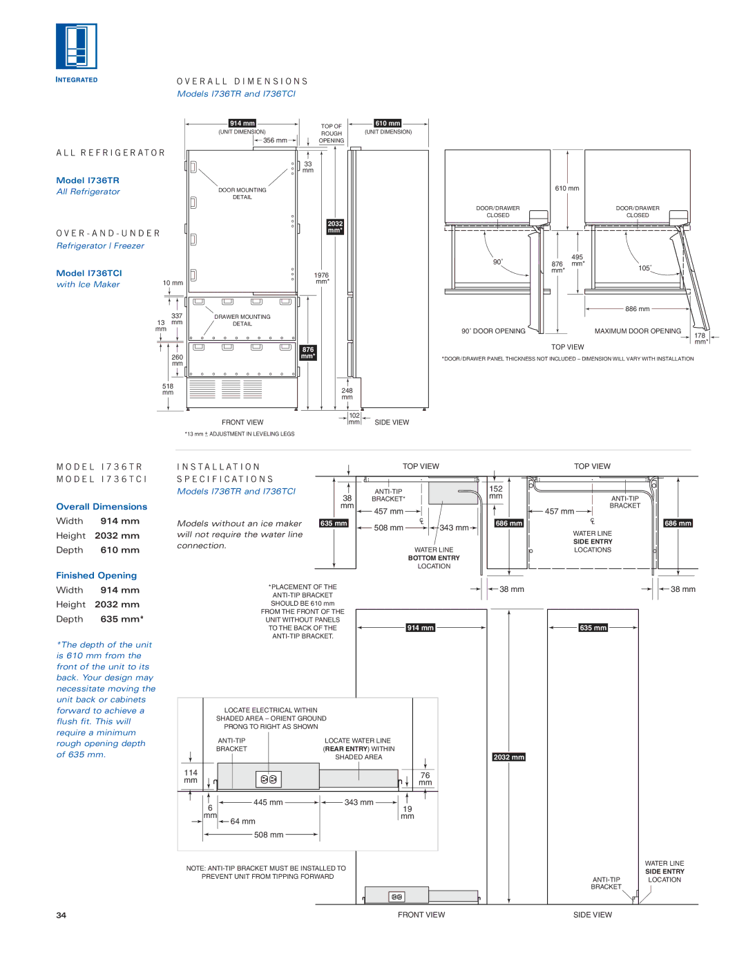 Sub-Zero Sub-Zero manual Width 914 mm Height 2032 mm Depth 610 mm, Width 914 mm Height 2032 mm Depth 635 mm 