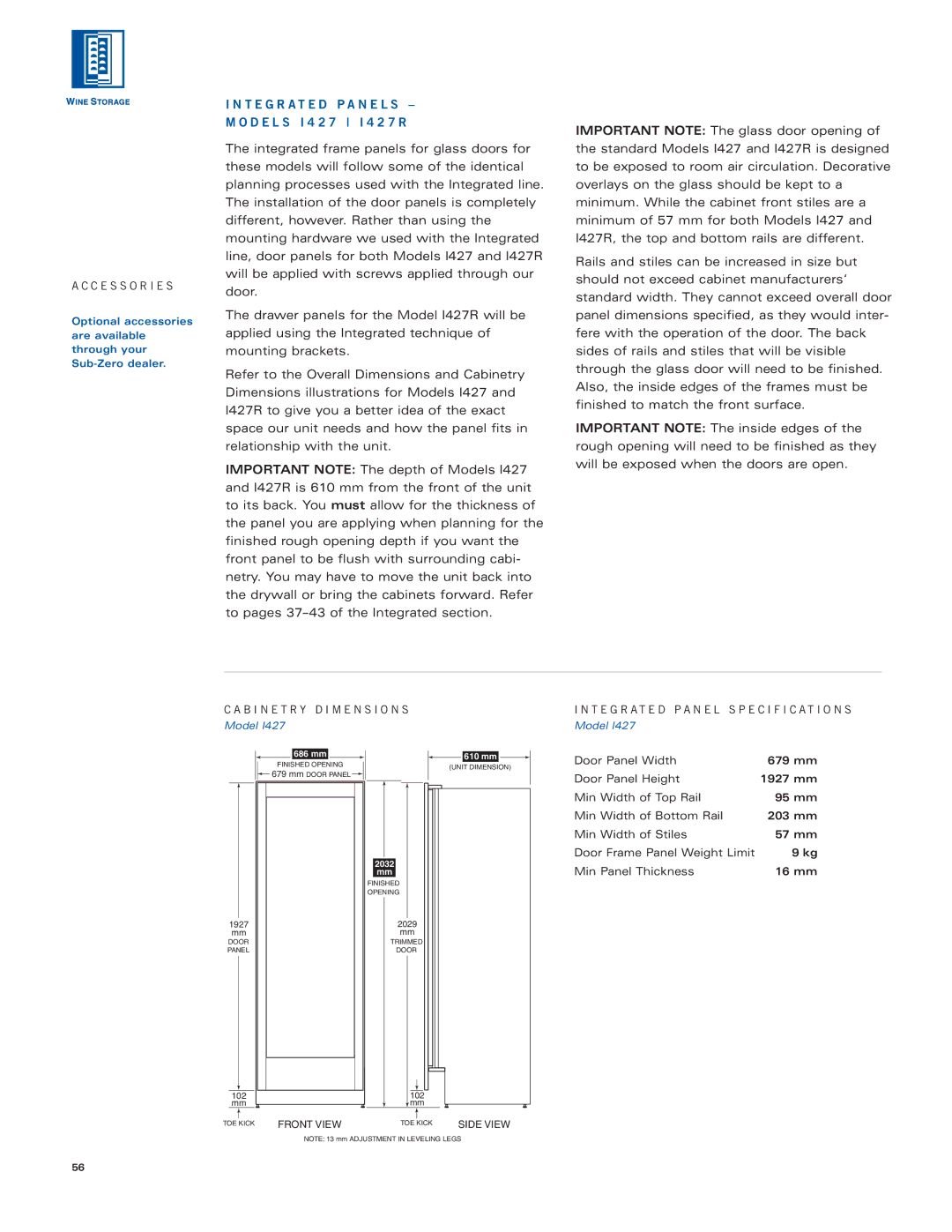 Sub-Zero Sub-Zero manual T E G R a T E D P a N E L S D E L S I 4 2 7 I 4 2 7 R 