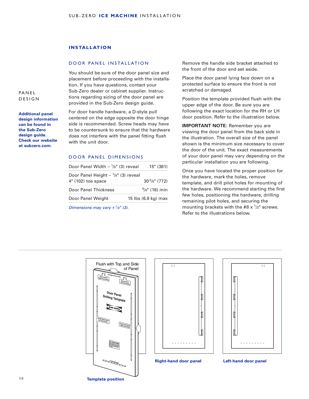 Sub-Zero UC-15IO manual SUB- ZE RO ICE Machine I Nsta LL AT IO N Anel D E Sign 