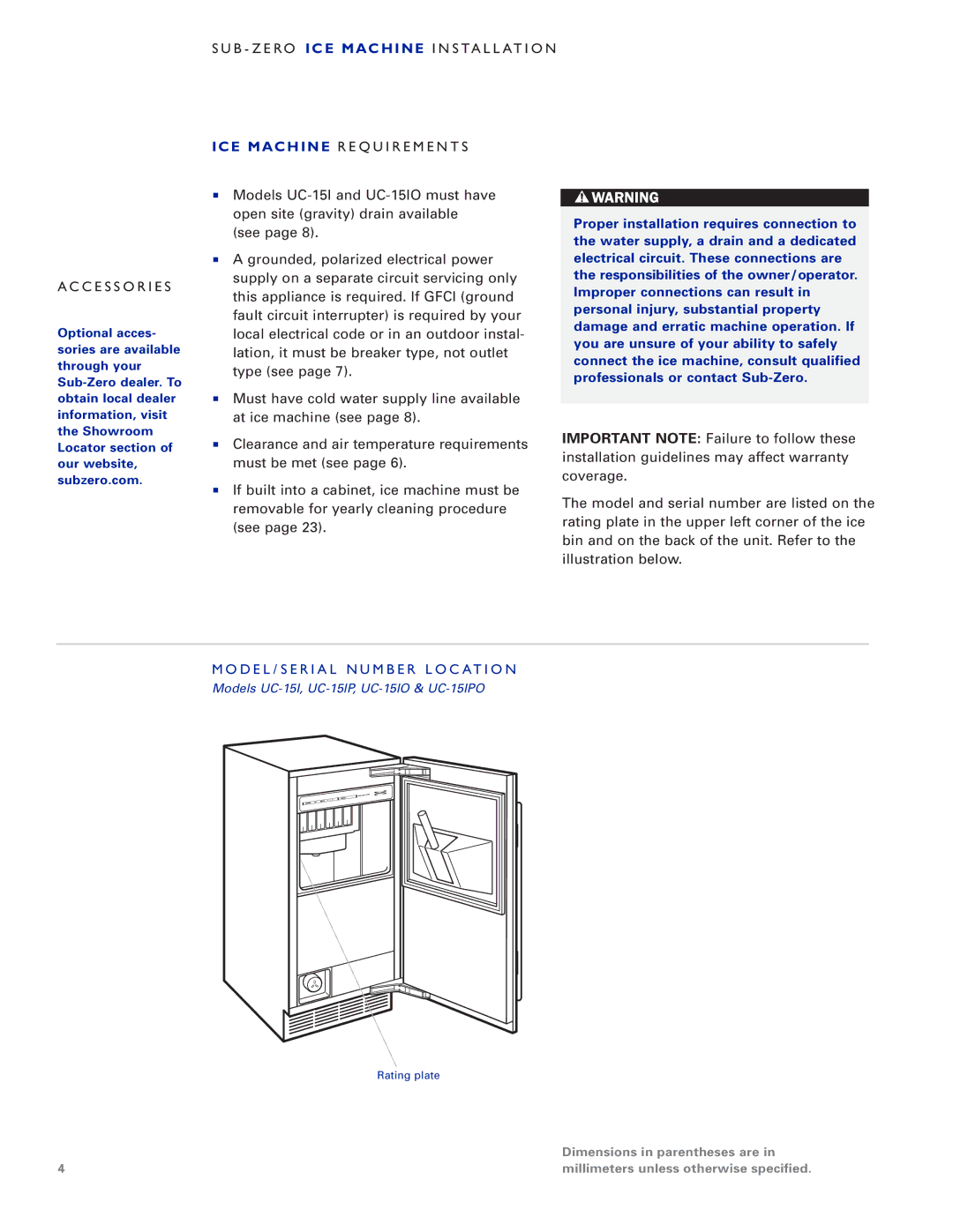 Sub-Zero UC-15IO manual SUB- ZE RO ICE Machine I Nsta LL AT IO N CC Esso RIE S, ICE Mach INE REQ Uirement S 