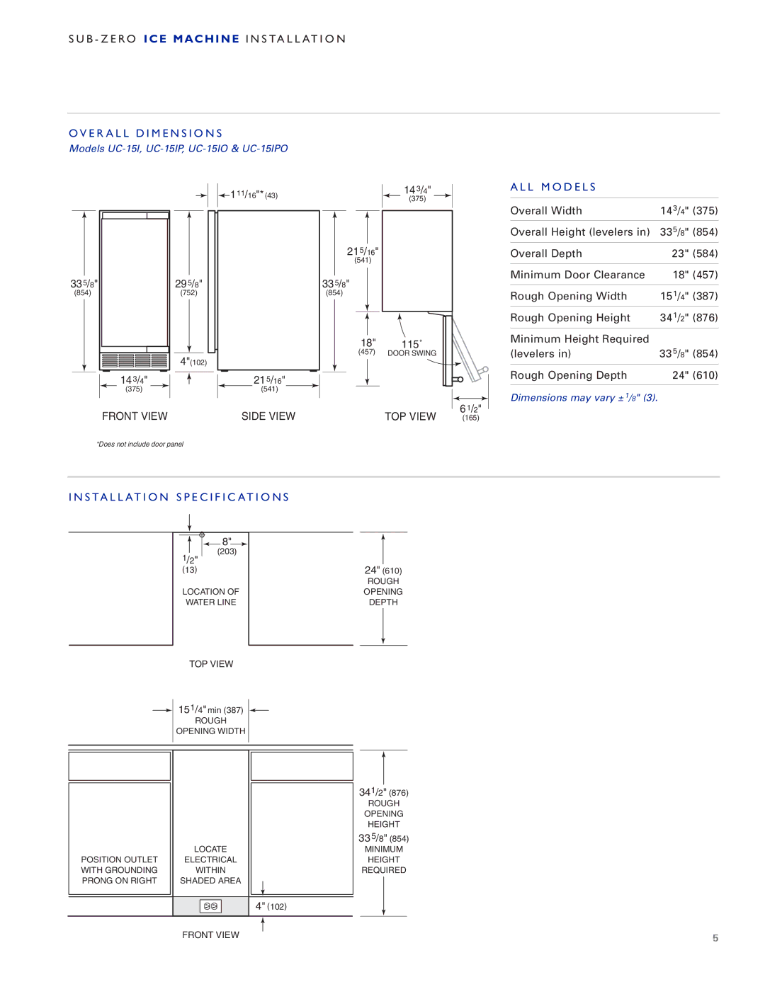 Sub-Zero UC-15IO manual UB -Z ERO ICE Machine I Nstallation, Front View 