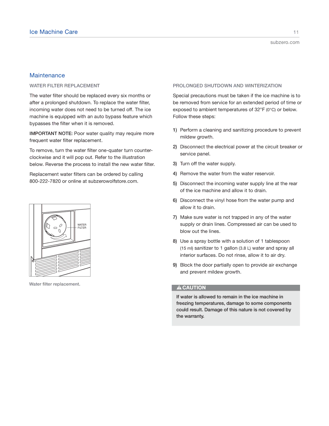 Sub-Zero UC-15IO UL, UC-15IPO Ice Machine Care Maintenance, Water Filter Replacement, Prolonged Shutdown and Winterization 