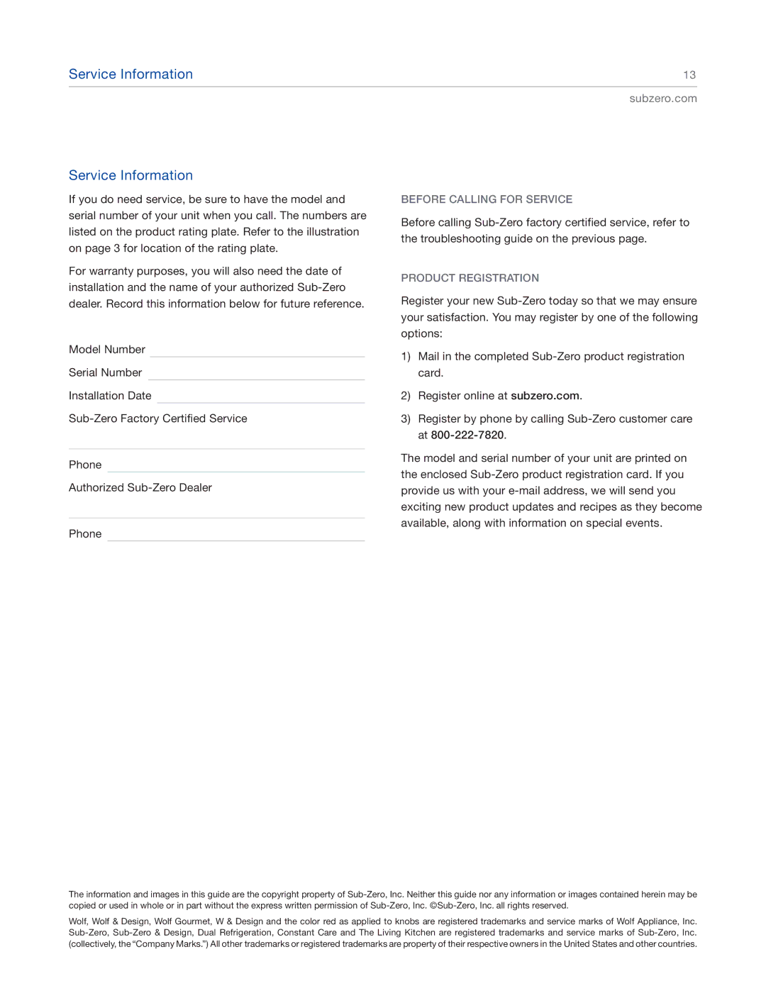 Sub-Zero UC-15IO UL, UC-15IPO manual Service Information, Before Calling for Service, Product Registration 