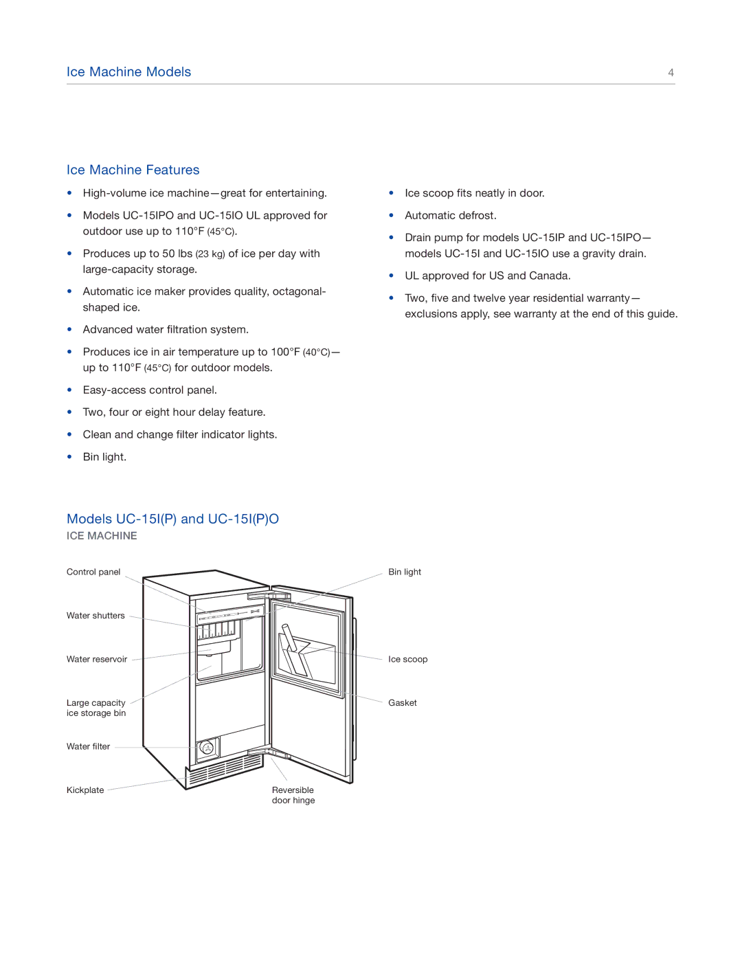 Sub-Zero UC-15IO UL manual Ice Machine Models Ice Machine Features, Models UC-15IP and UC-15IPO, ICE Machine 