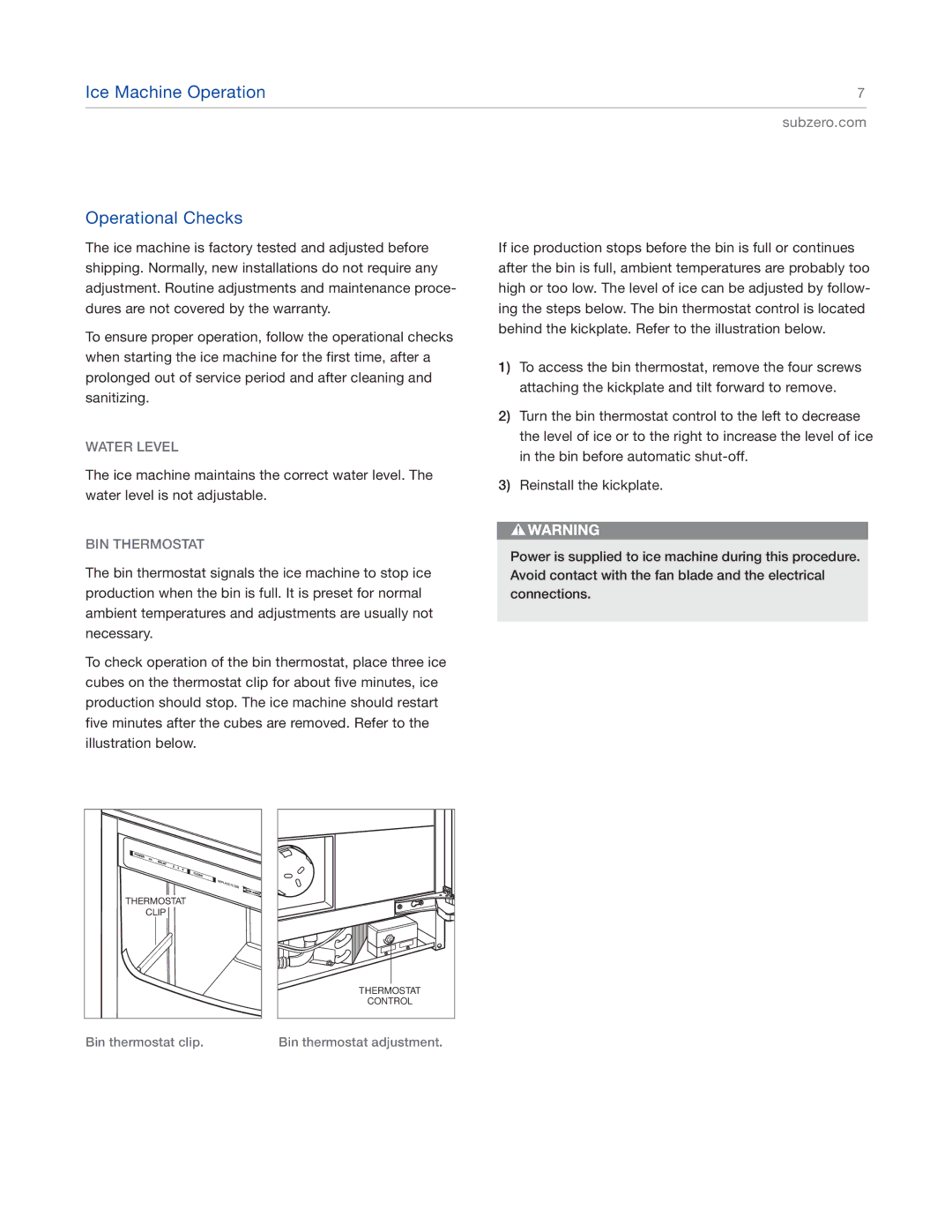 Sub-Zero UC-15IO UL, UC-15IPO manual Ice Machine Operation Operational Checks, Water Level, BIN Thermostat 