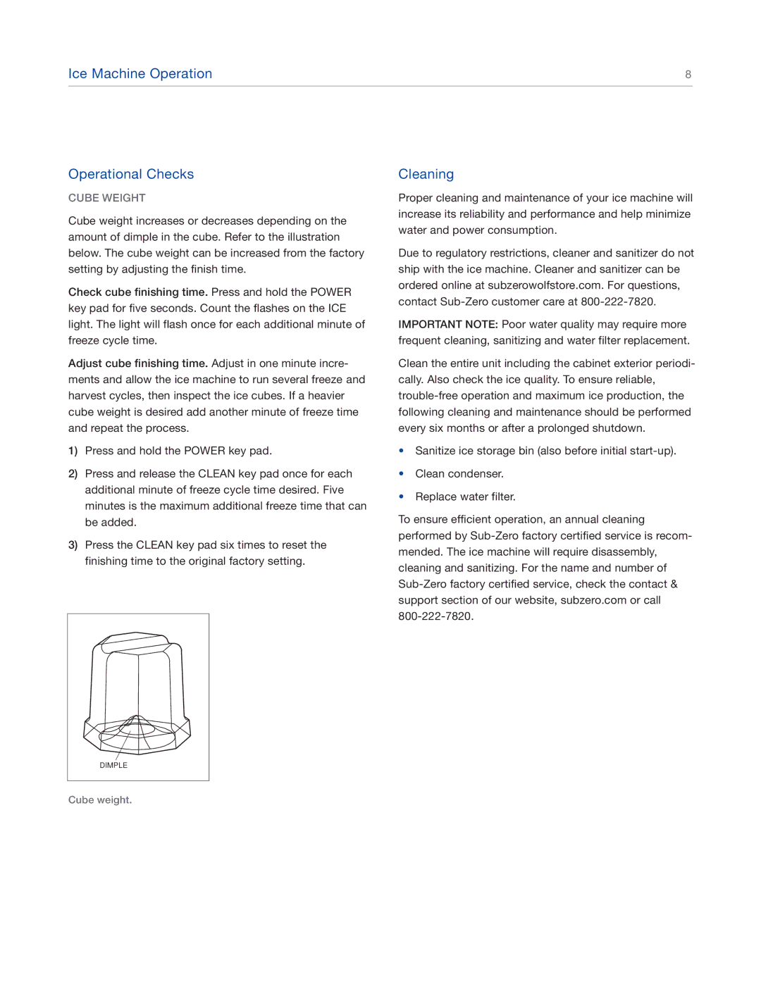 Sub-Zero UC-15IPO, UC-15IO UL manual Cleaning, Cube Weight 