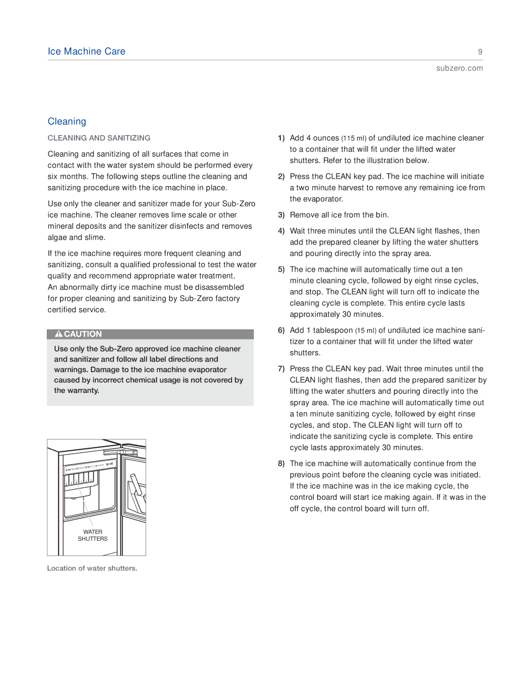 Sub-Zero UC-15IO UL, UC-15IPO manual Ice Machine Care Cleaning, Cleaning and Sanitizing 