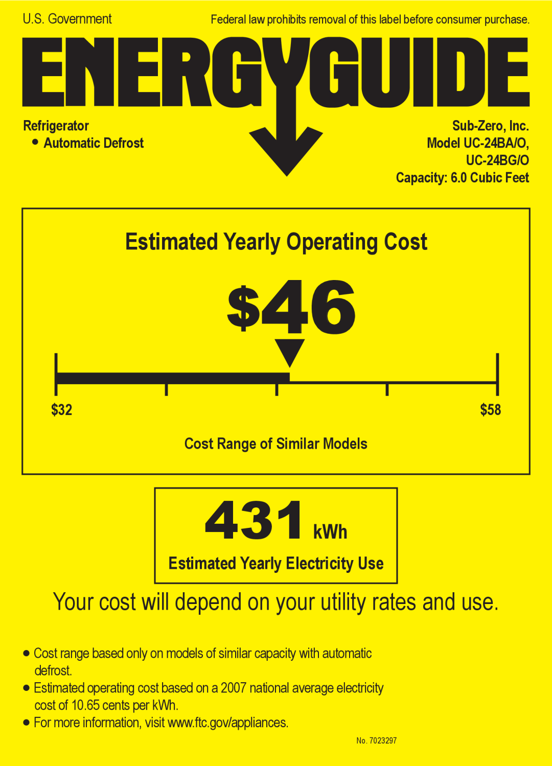 Sub-Zero UC-24BA/O manual 431kWh, Estimated Yearly Operating Cost, Estimated Yearly Electricity Use, Refrigerator 