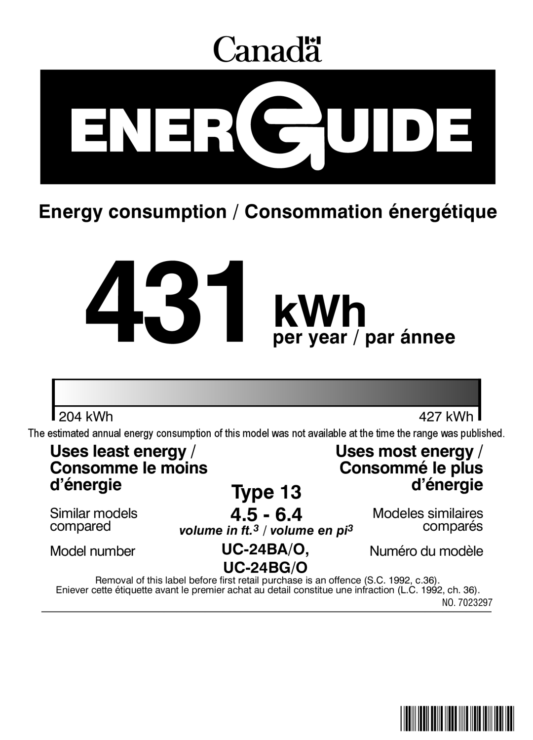 Sub-Zero UC-24BG/O manual 431kWh, 4.5, Energy consumption / Consommation énergétique, per year / par ánnee, Type, d’énergie 