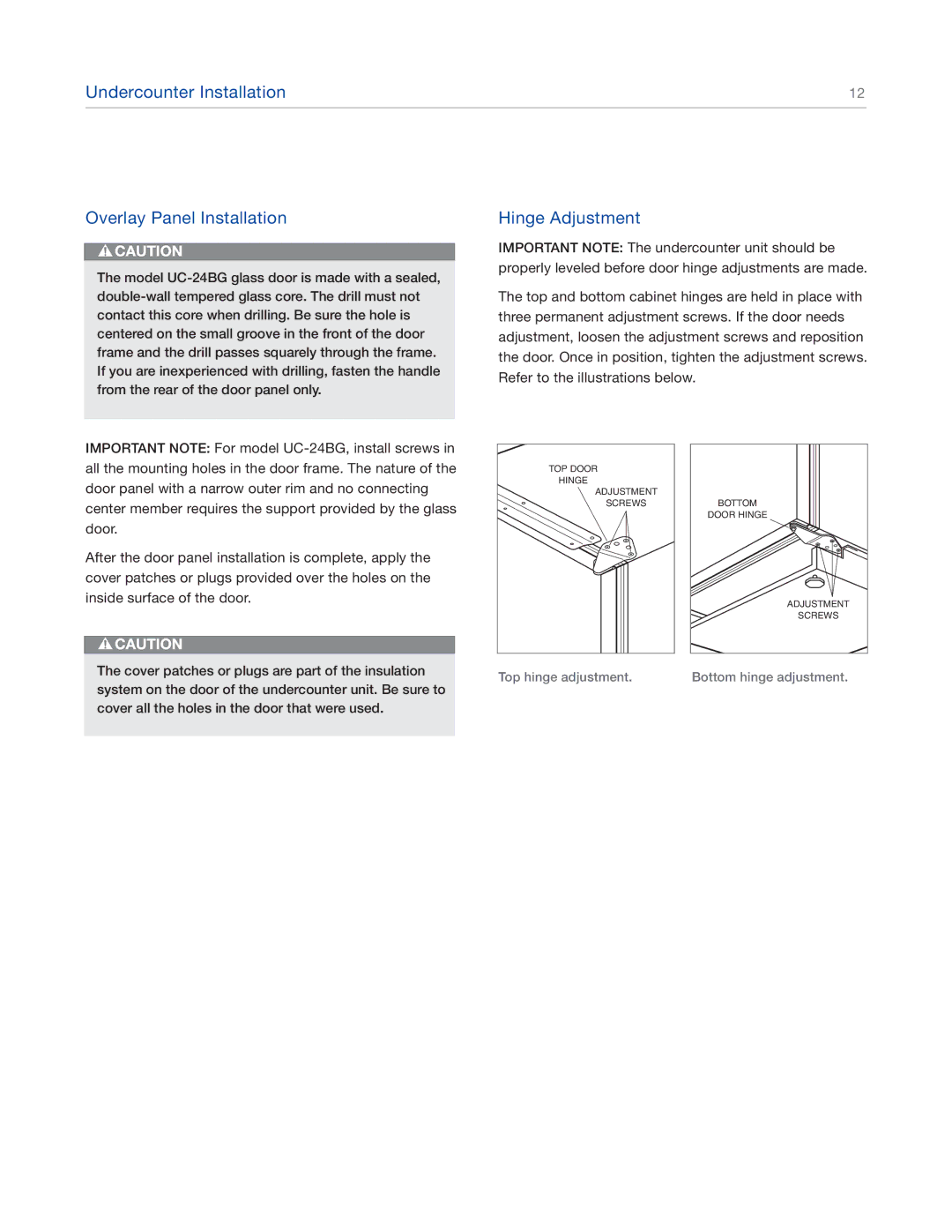 Sub-Zero UC-24CI4 manual Top hinge adjustment Bottom hinge adjustment 