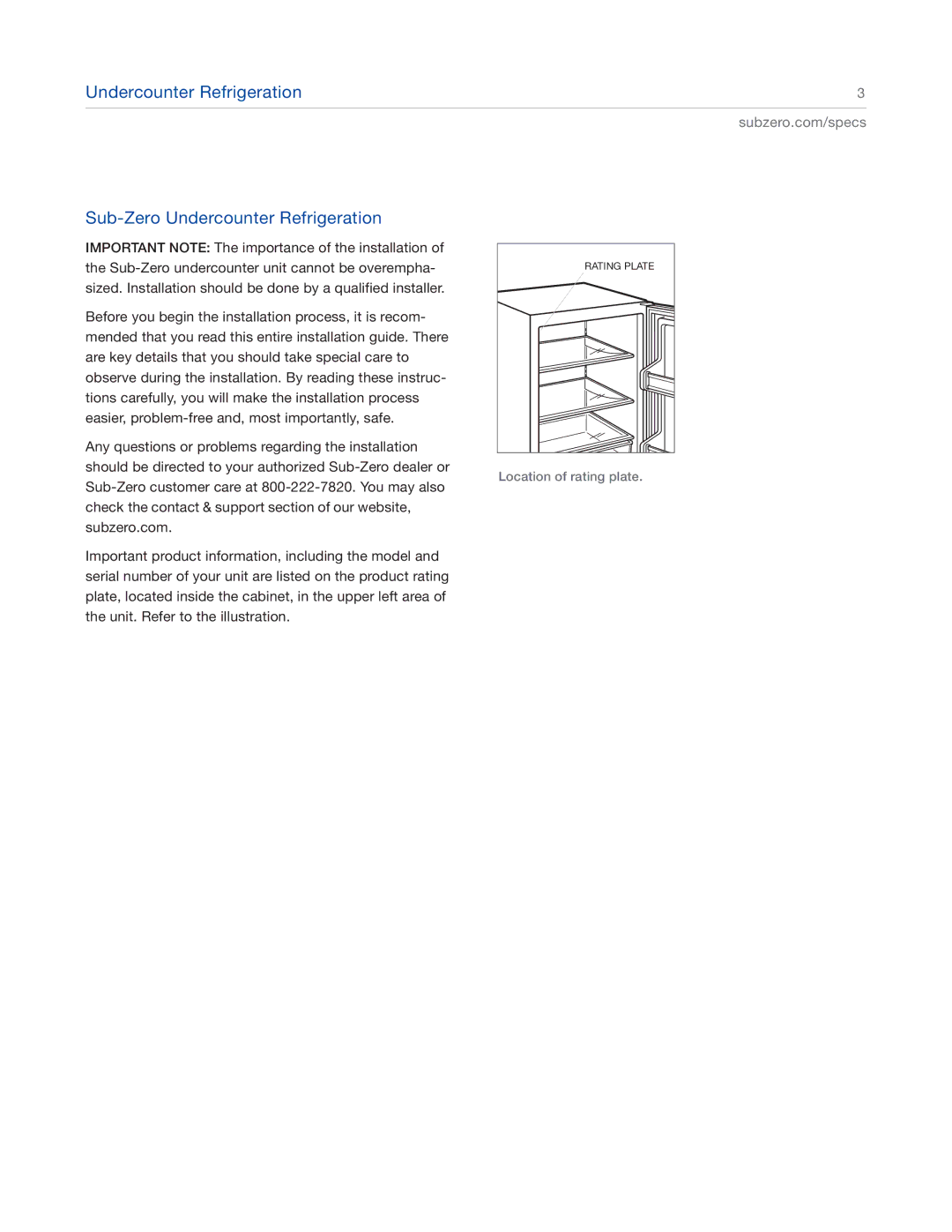 Sub-Zero UC-24CI4 manual Location of rating plate 