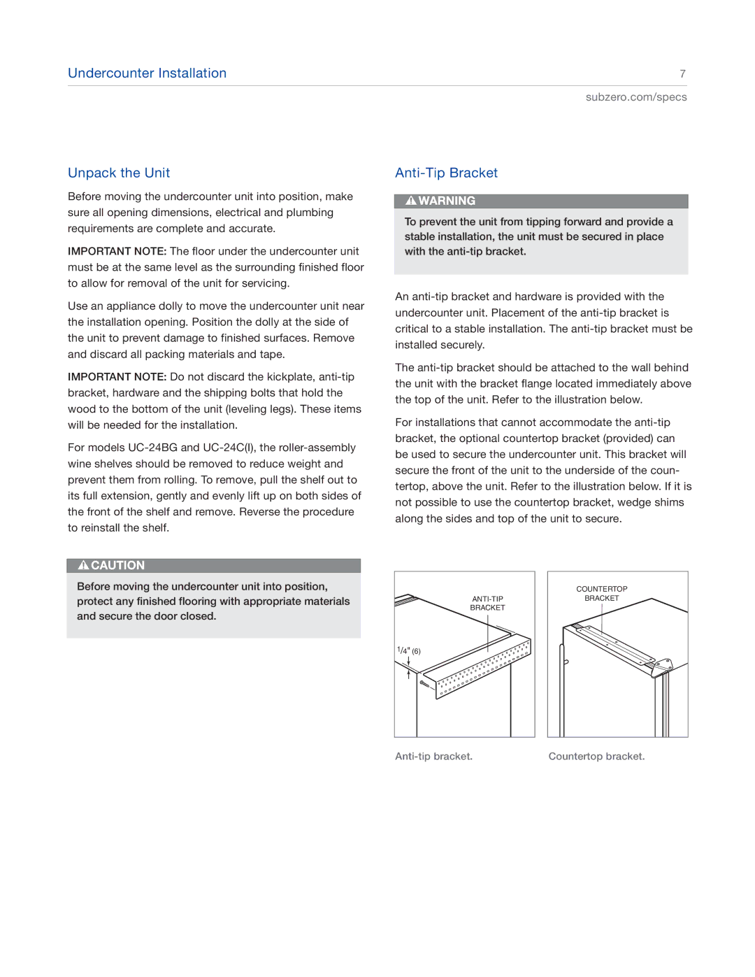 Sub-Zero UC-24CI4 manual Undercounter Installation Unpack the Unit, Anti-Tip Bracket 