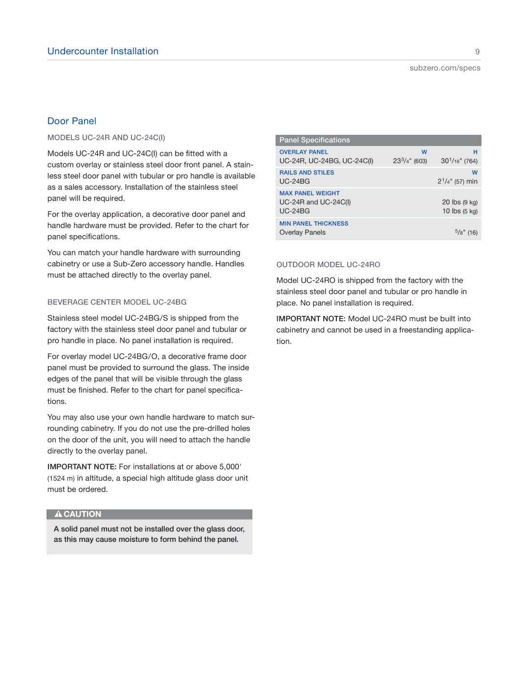 Sub-Zero UC-24CI4 manual Undercounter Installation Door Panel, Models UC-24R and UC-24CI, Beverage Center Model UC-24BG 