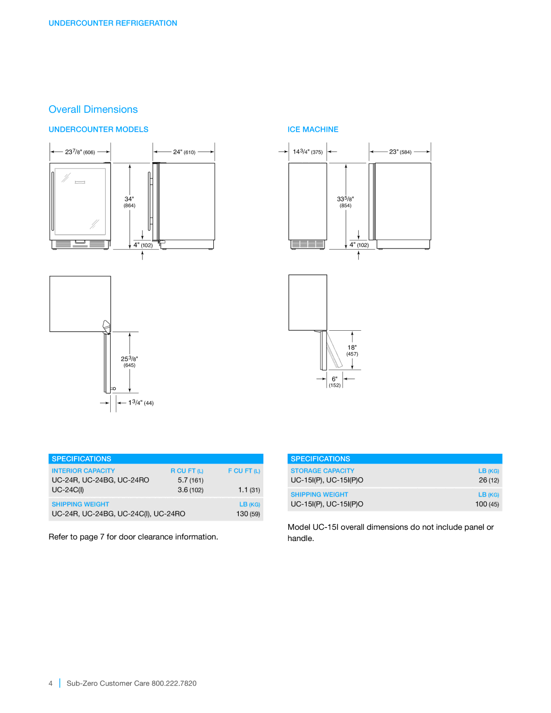 Sub-Zero UC-24R manual Overall Dimensions, Specifications 