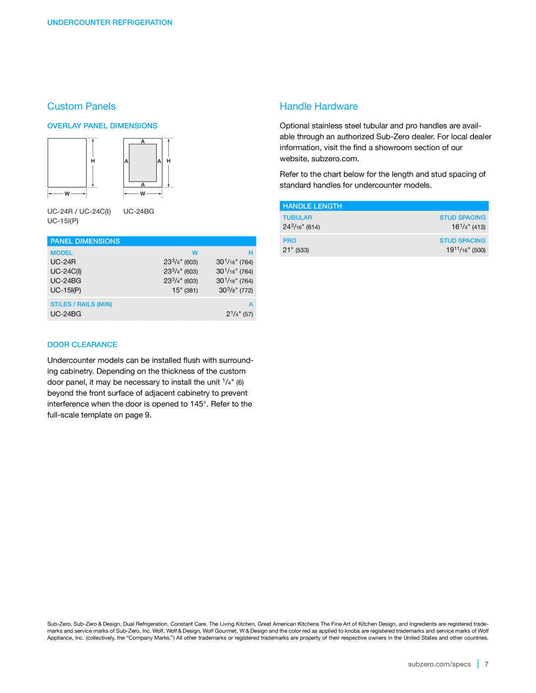Sub-Zero UC-24R manual Handle Hardware, Panel Dimensions, Handle Length 