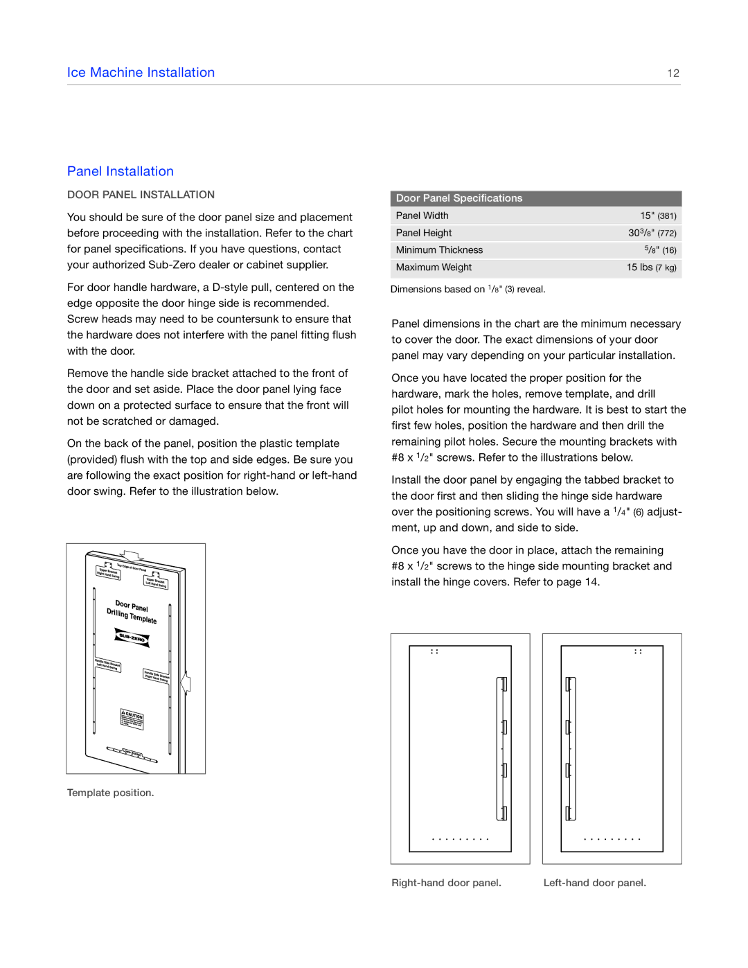 Sub-Zero UC15IO manual Ice Machine Installation Panel Installation, Door Panel Installation 