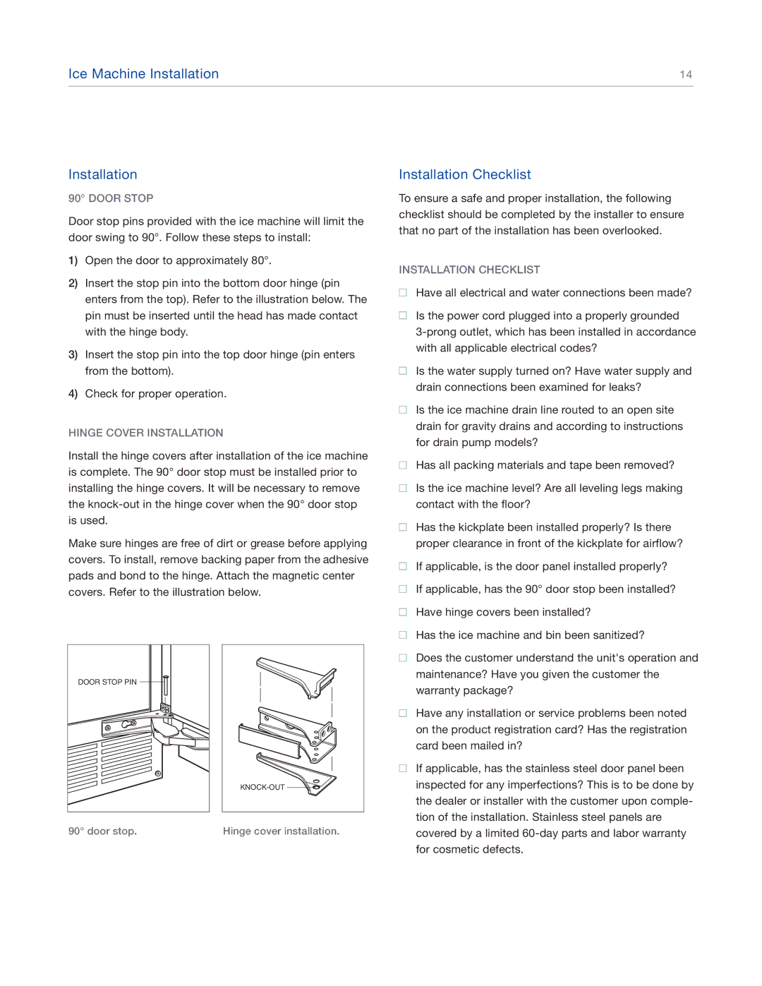 Sub-Zero UC15IO manual Installation Checklist, Door Stop, Hinge Cover Installation 