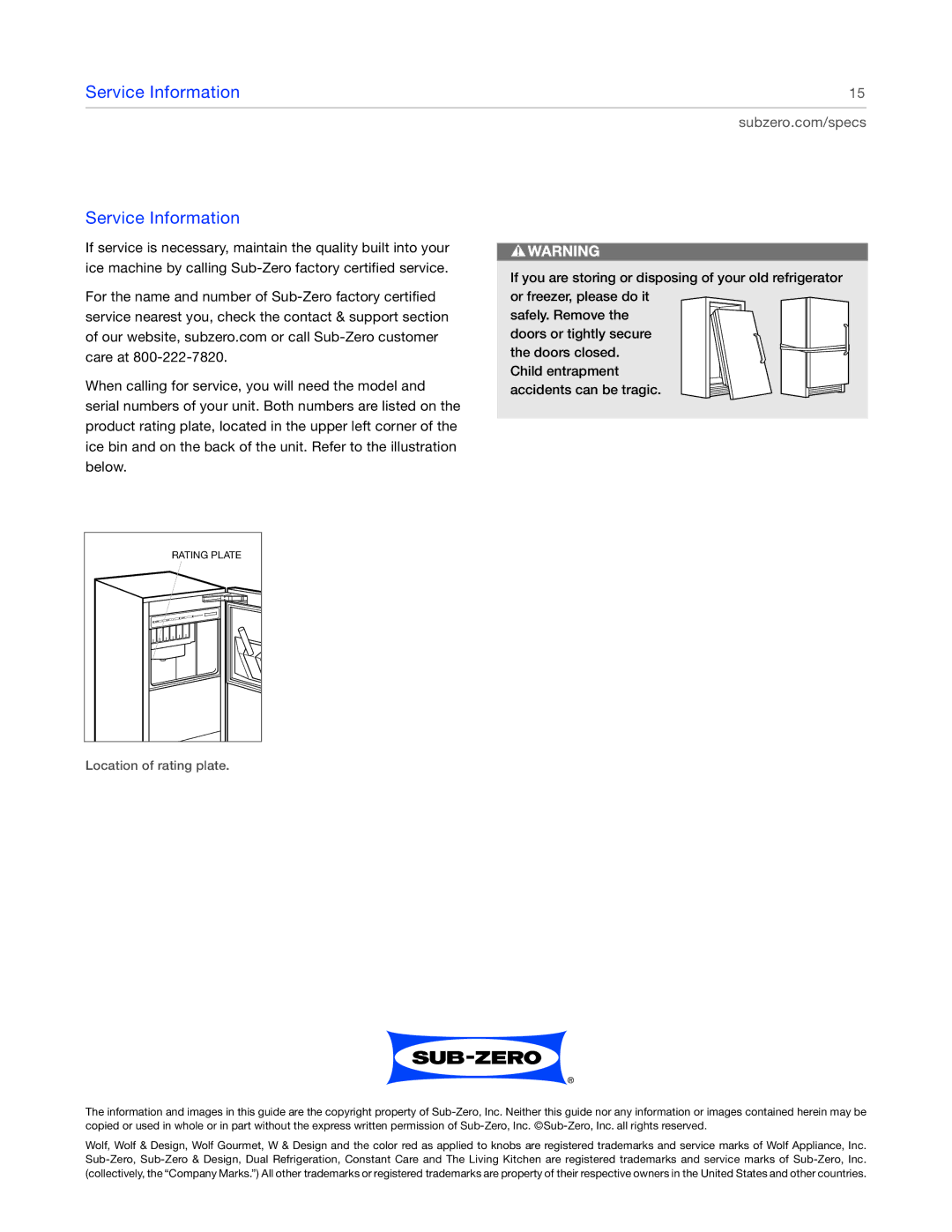 Sub-Zero UC15IO manual Service Information 