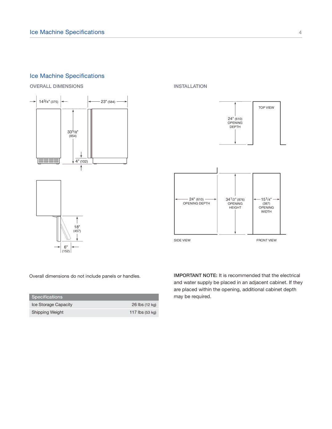 Sub-Zero UC15IO manual Ice Machine Specifications, Overall Dimensions, Installation 