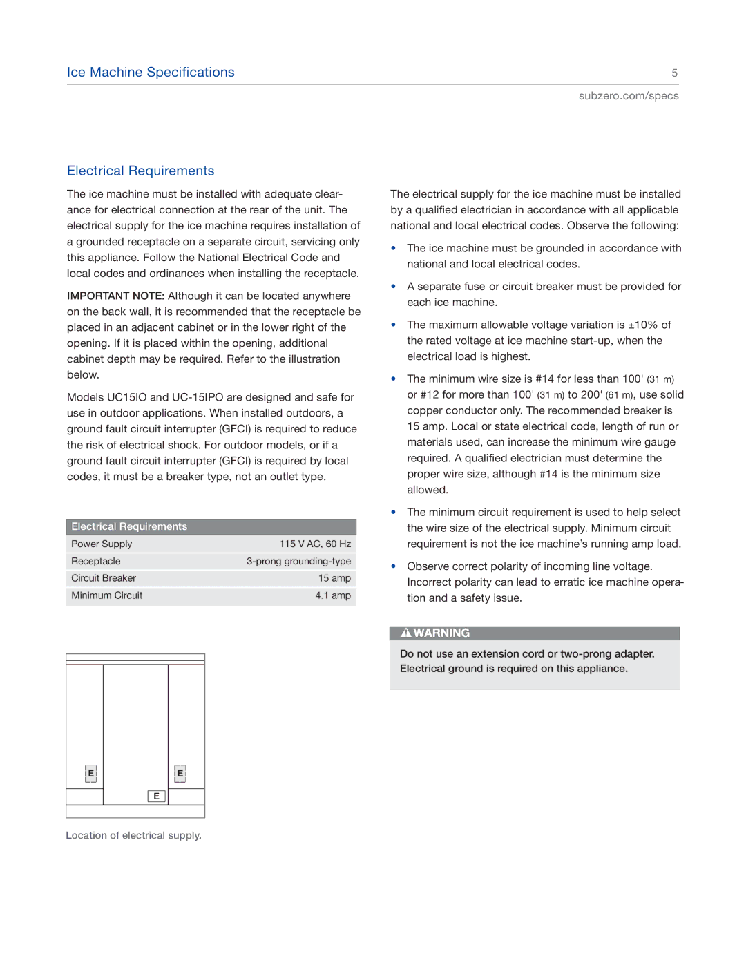 Sub-Zero UC15IO manual Ice Machine Specifications Electrical Requirements 