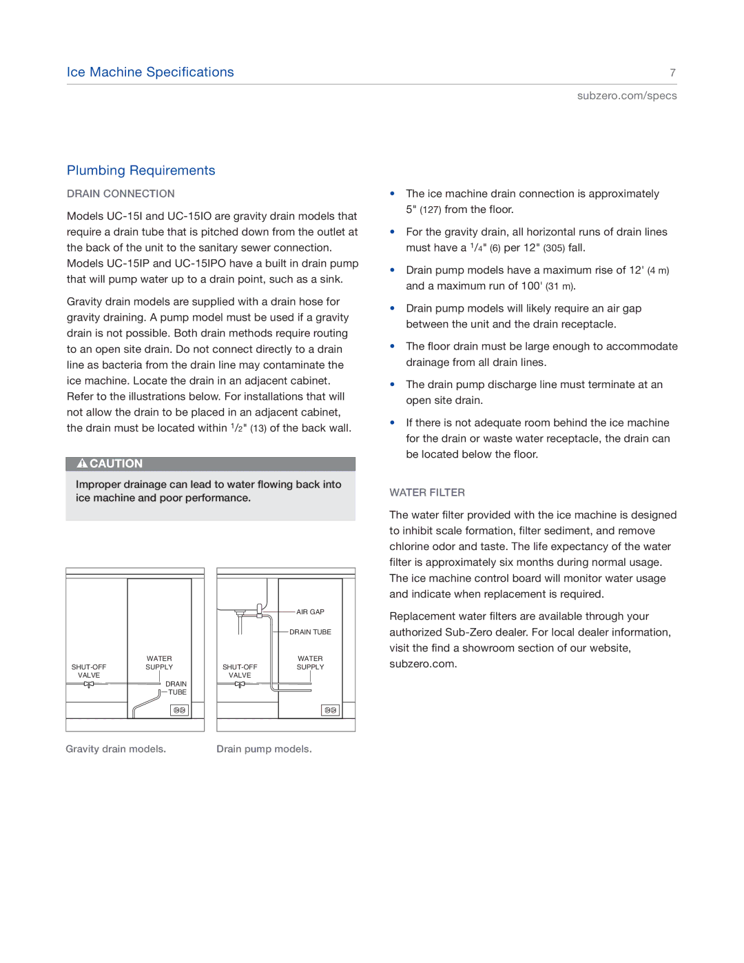 Sub-Zero UC15IO manual Drain Connection, Water Filter 